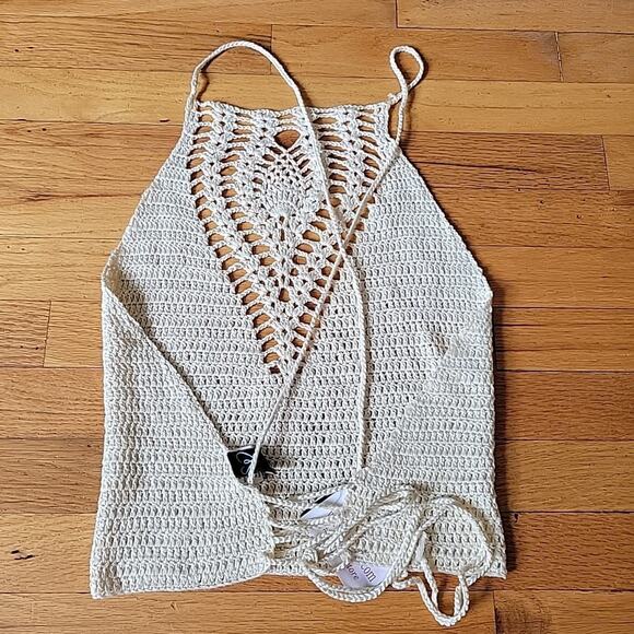 Windsor Ivory Crochet High Neck Halter Top NEW Openwork Lace Up Back Boho Hippie - Picture 2 of 7